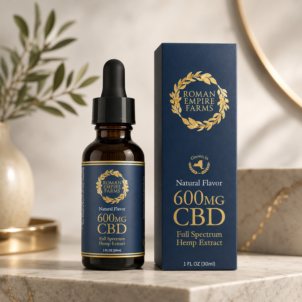 Premium product scene featuring 600mg CBD Full Spectrum Hemp Extract