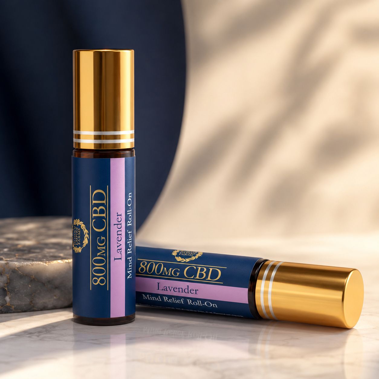 Premium product scene featuring the 800mg Mind Relief Roll-On